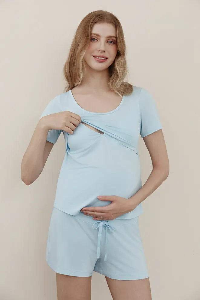 Blue bamboo nursing top with easy nursing access for breastfeeding