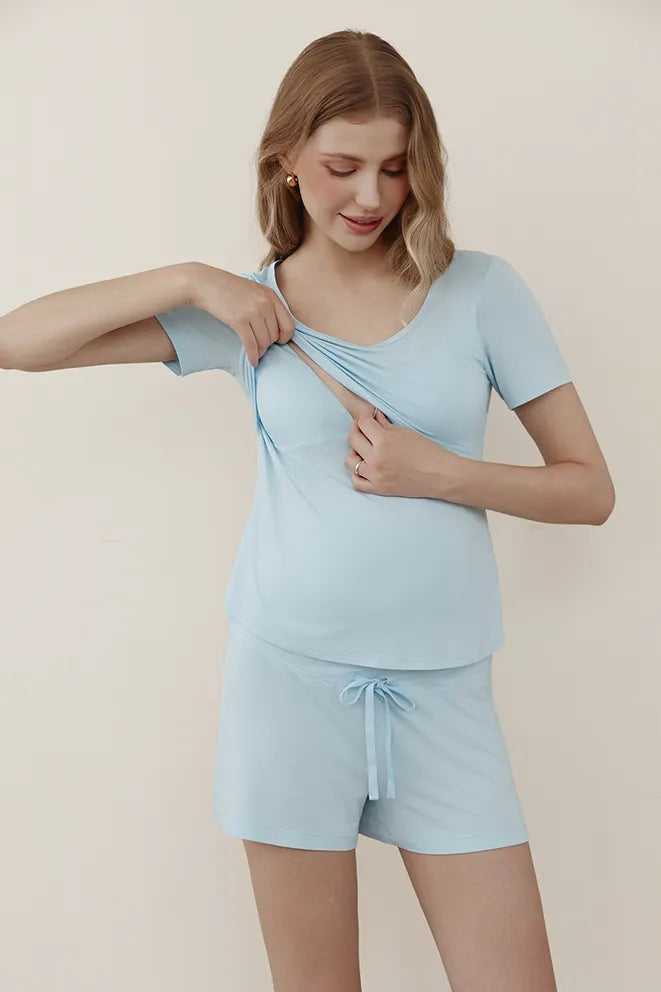Blue bamboo nursing top suitable for a maternity hospital bag and postpartum recovery