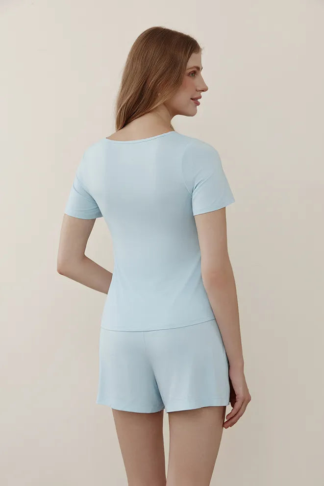 Blue nursing top for comfortable postpartum lounging, sleeping, and everyday wear