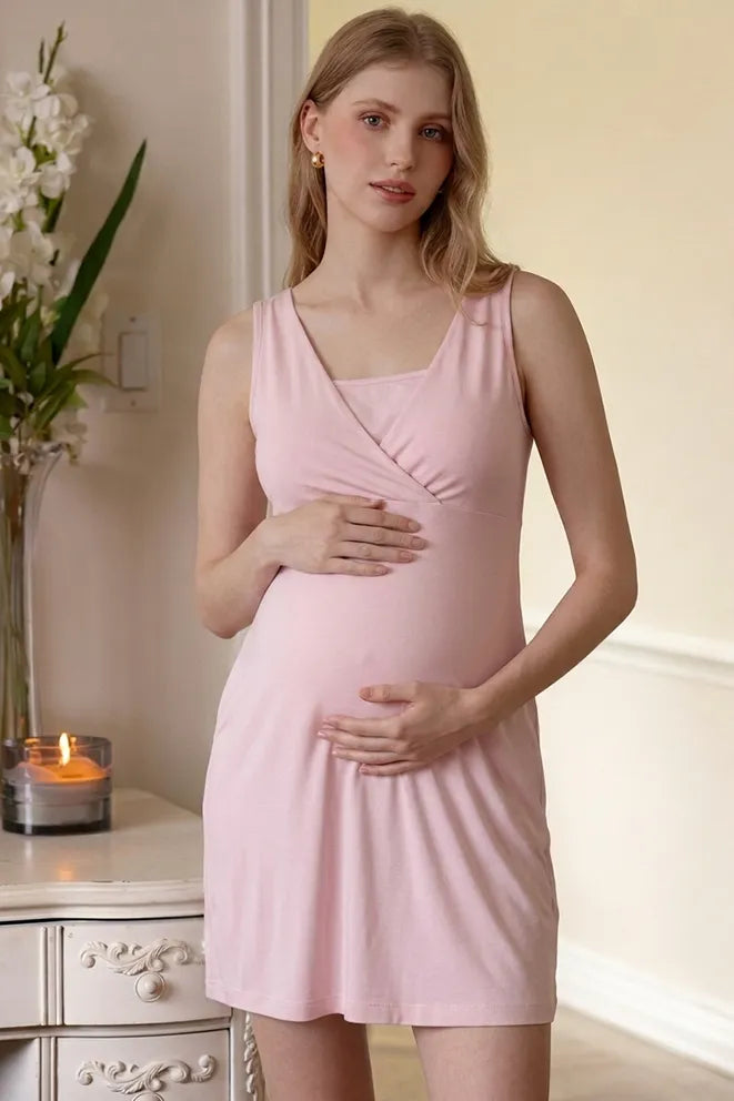 Baby Pink bamboo nursing gown for postpartum lounging, nighttime nursing, and newborn days