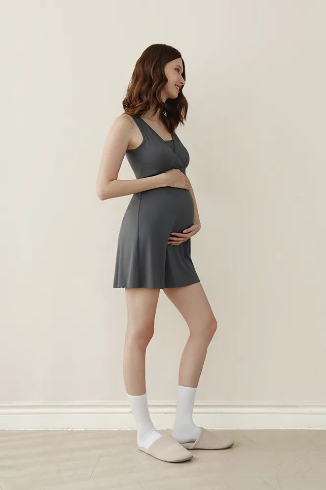 Grey Comfy Cloud Bamboo Birthing Gown designed for convenient breastfeeding and nursing