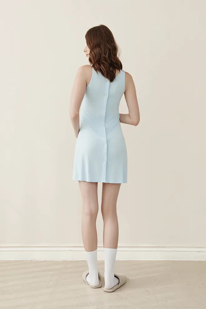 Comfy Cloud Bamboo Birthing Gown in Sky Blue with practical nursing access for breastfeeding