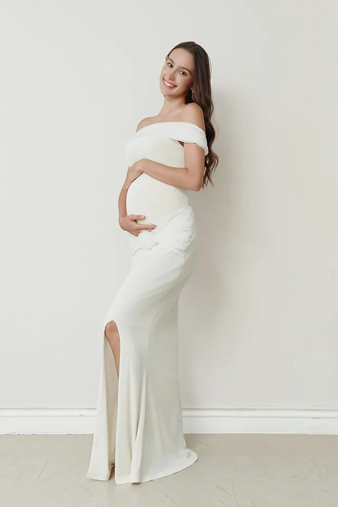 Ever After Maternity Dress in Cream designed to accommodate a growing bump during pregnancy
