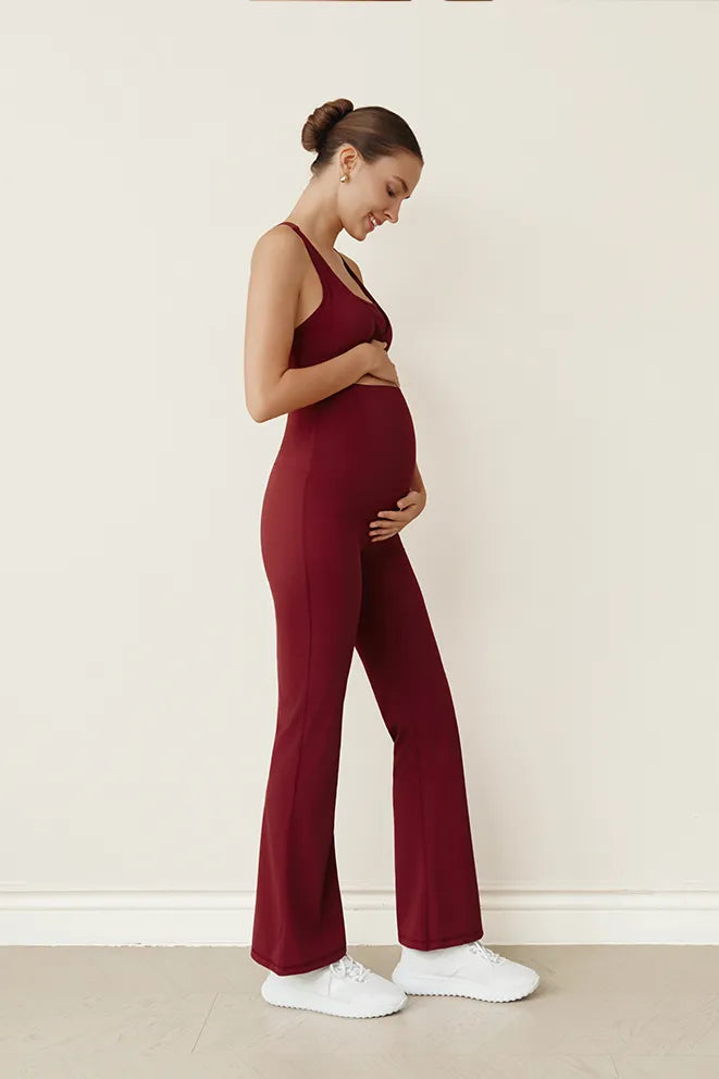 Flow With Me maternity flare leggings in Burgundy with a flattering flare-leg silhouette