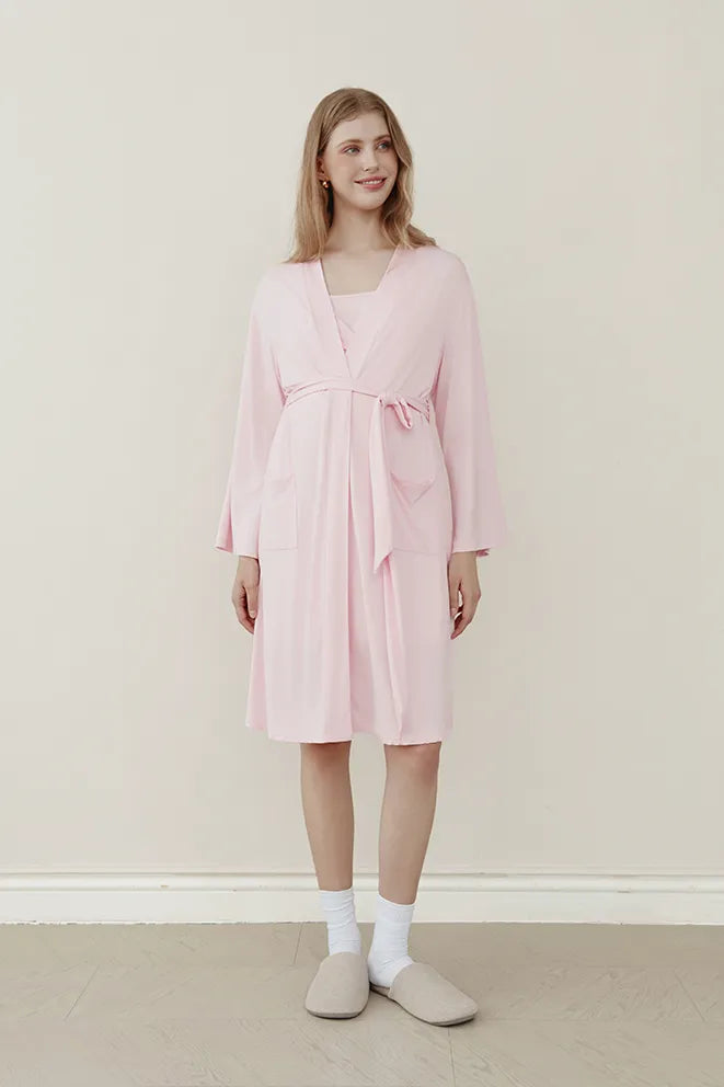 Hug Me Tight Bamboo Birthing Robe in Baby Pink with nursing-friendly functionality for breastfeeding