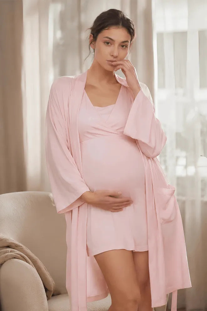 Hug Me Tight Bamboo Birthing Robe in Baby Pink for skin-to-skin bonding after birth