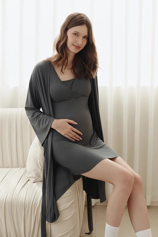 Grey Hug Me Tight bamboo birthing robe with an adjustable wrap design for a flexible fit
