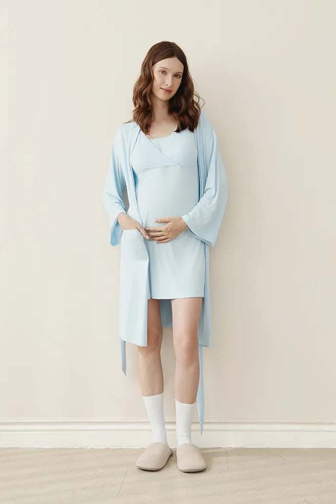 Sky Blue Hug Me Tight bamboo birthing robe with an adjustable wrap design for a flexible fit