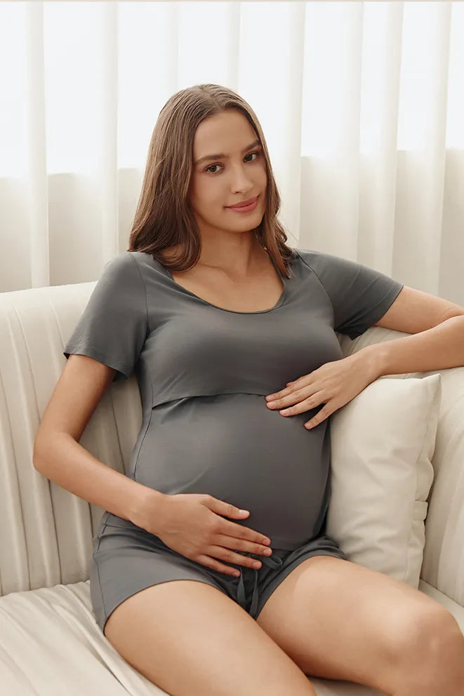 Grey Mama Love nursing top designed for pregnancy, postpartum recovery, and breastfeeding