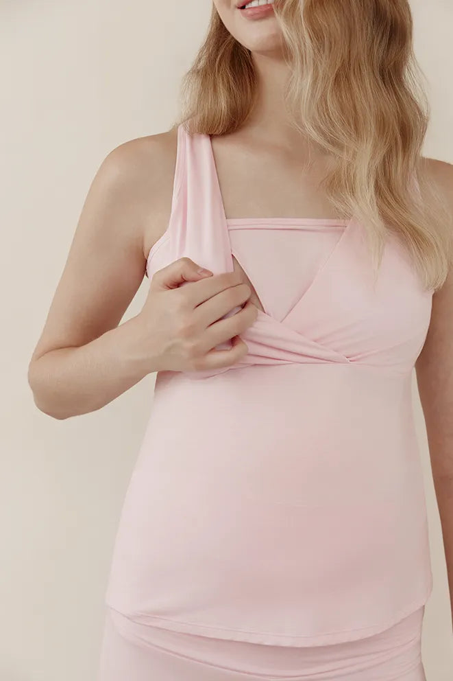 Pink bamboo nursing top with a relaxed silhouette for postpartum comfort