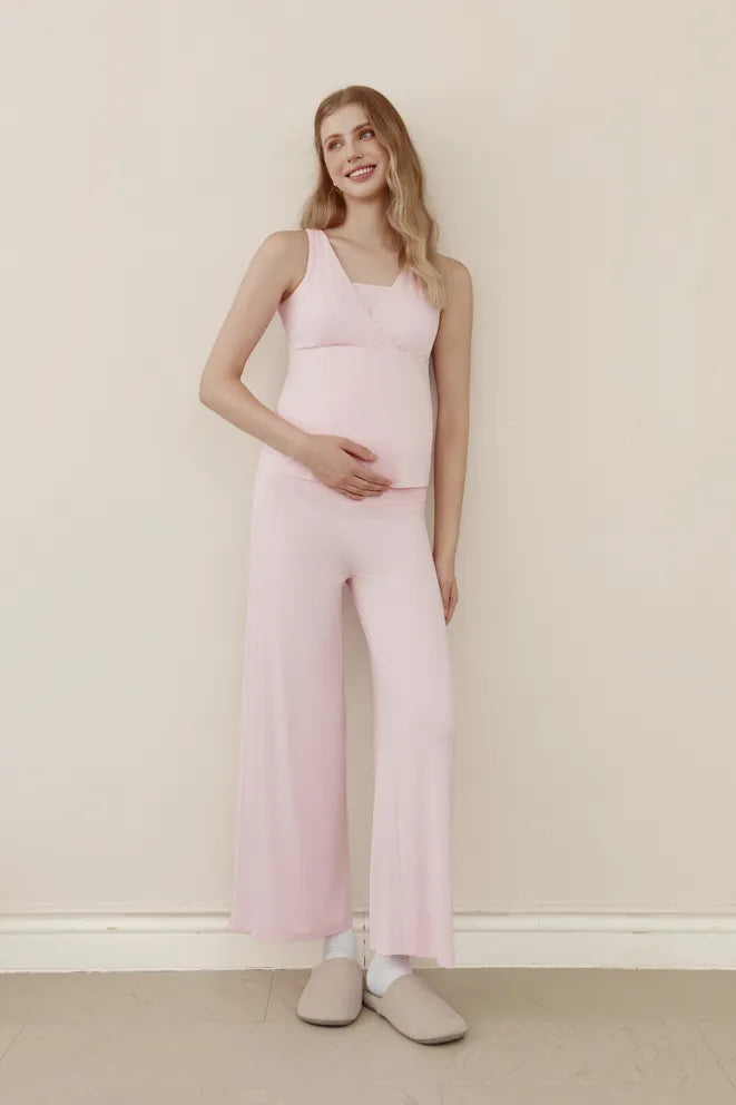 Pink bamboo wide-leg pants designed for comfortable maternity loungewear