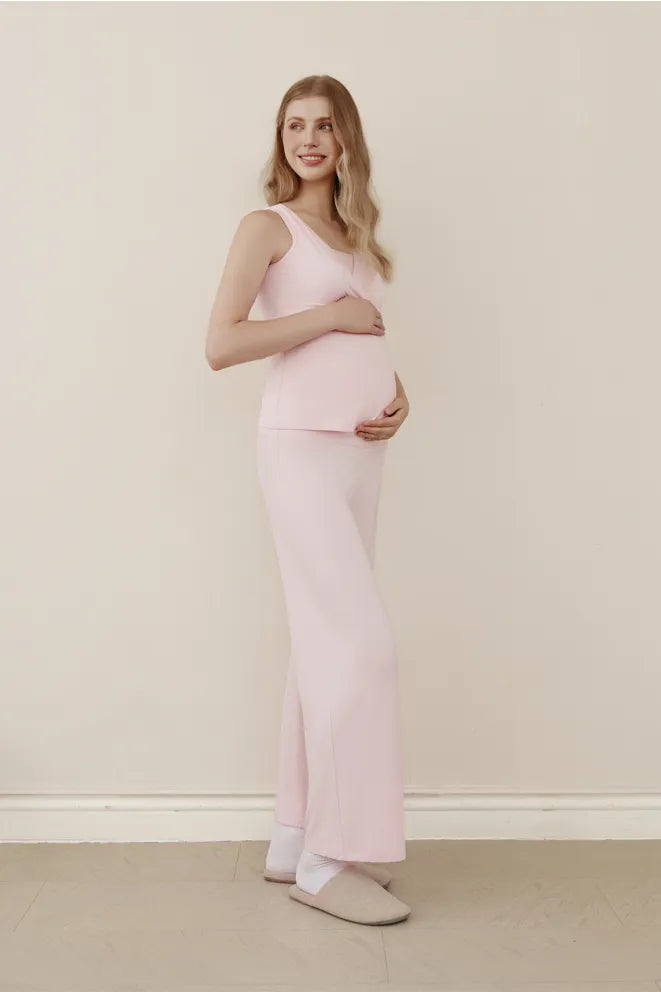 Woman wearing Bonbump pink bamboo wide-leg pants for everyday comfort