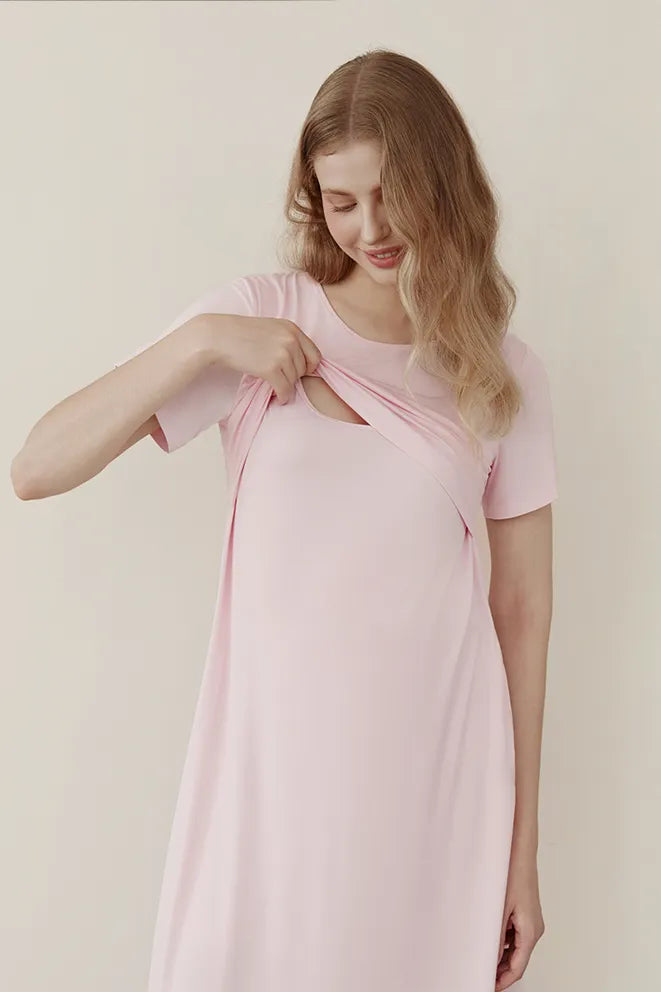 Baby Pink bamboo maternity gown for postpartum recovery, nursing, and comfortable lounging
