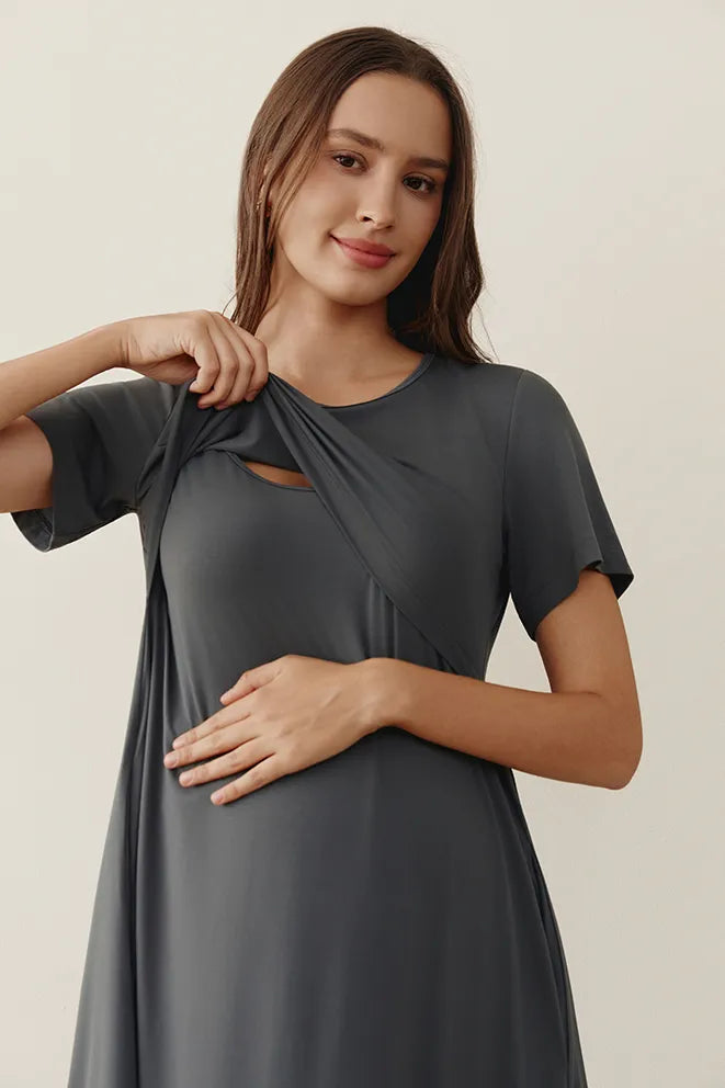 Grey bamboo birthing gown as a comfortable alternative to a traditional hospital gown