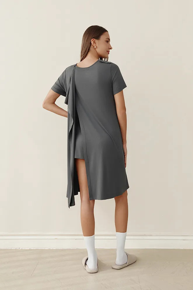 Soft Serenity Bamboo Birthing Gown in Grey for breastfeeding and postpartum nursing