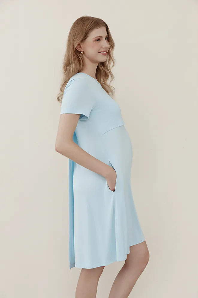 Sky Blue Soft Serenity bamboo birthing gown designed for labor and delivery