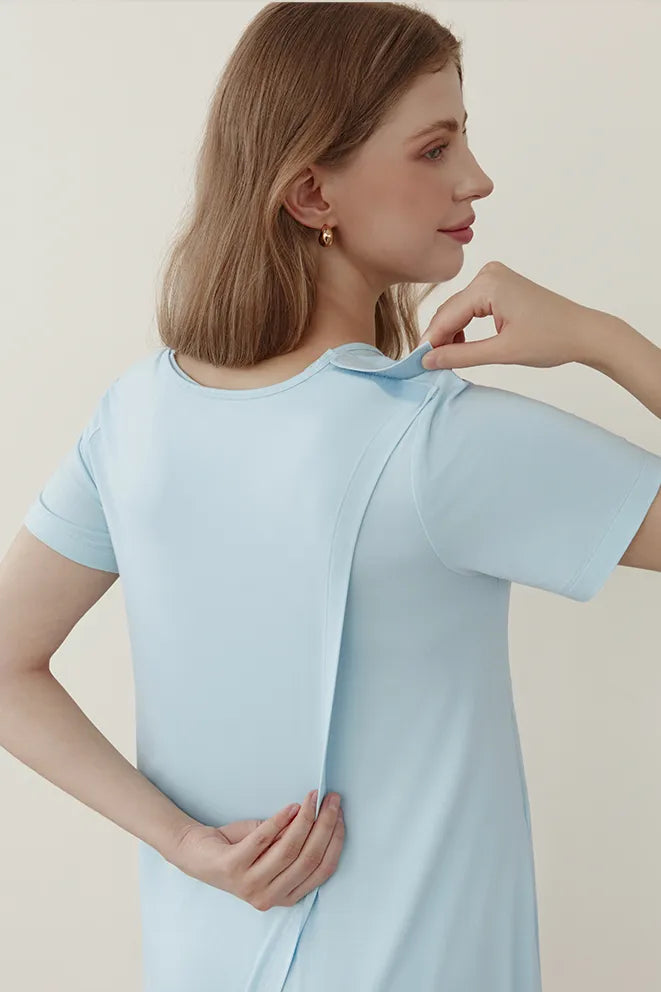 Sky Blue bamboo maternity gown for postpartum recovery, nursing, and comfortable lounging