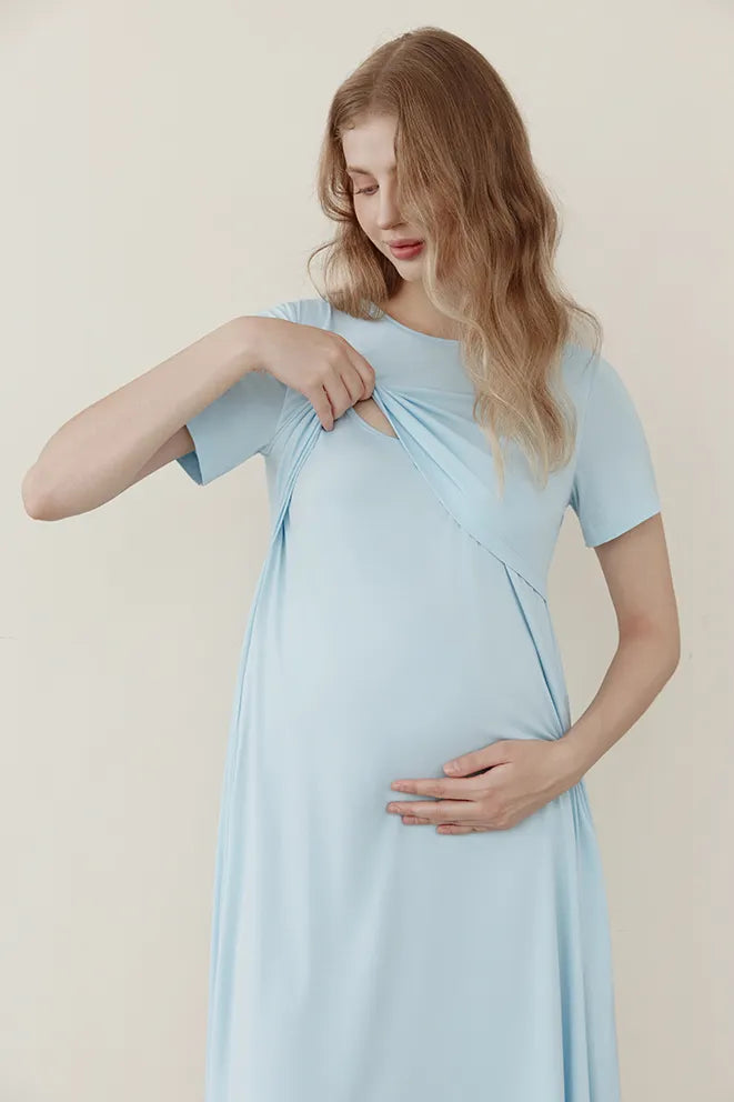 Sky Blue bamboo birthing gown as a comfortable alternative to a traditional hospital gown